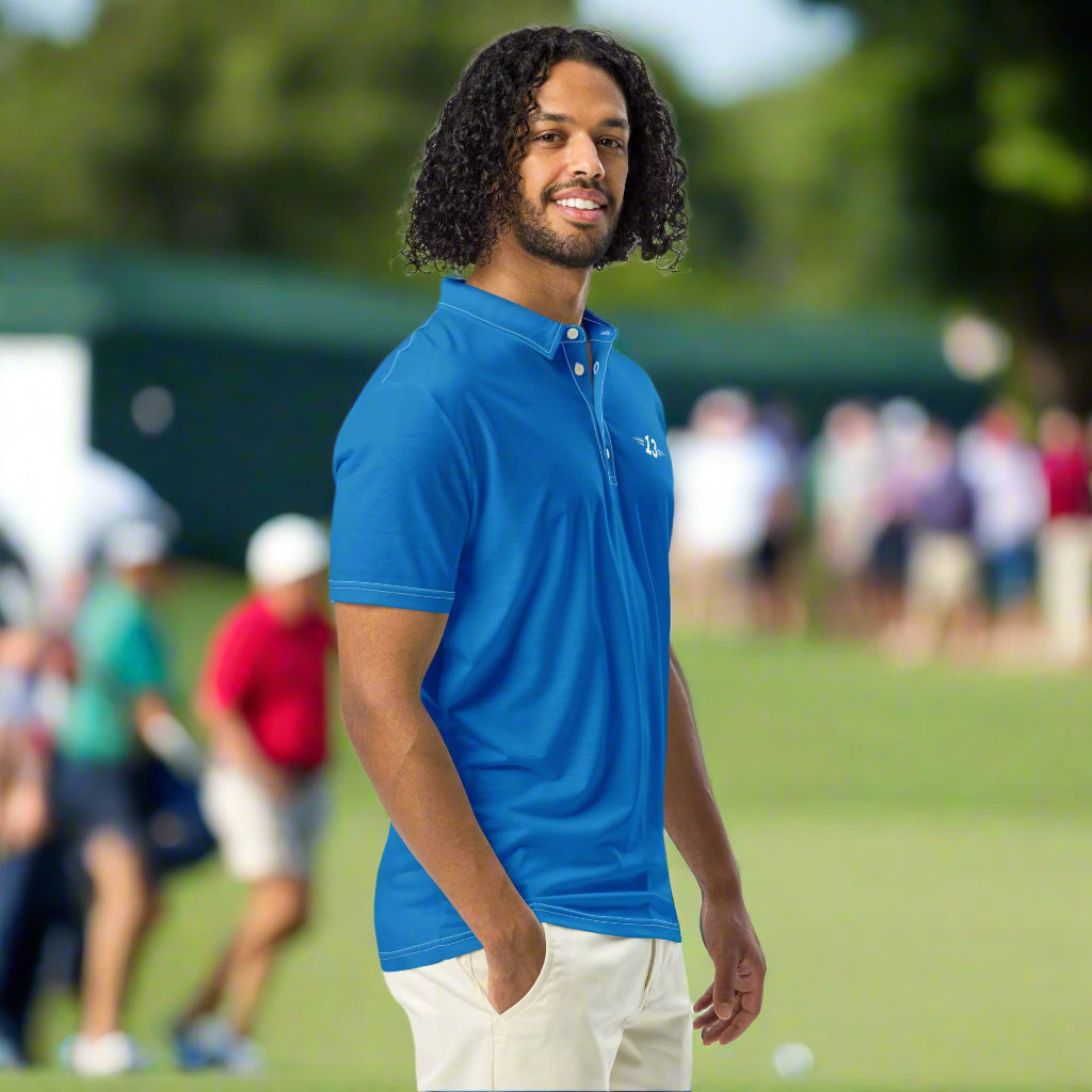 Man wearing Azure Voyage Polo right side view