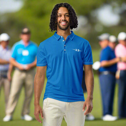 Man wearing Azure Voyage Polo front side view