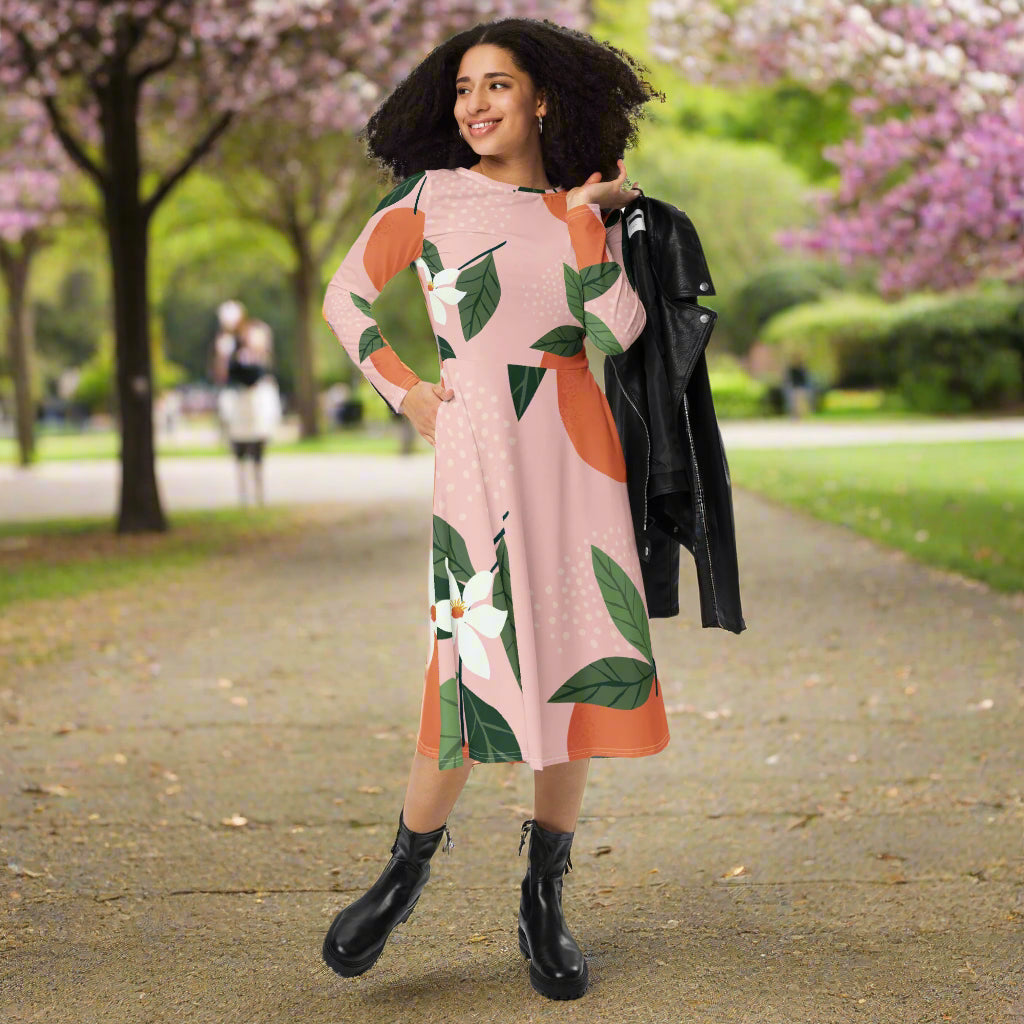 Woman wearing Blooming Confidence Midi Dress in the park