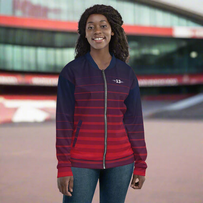 Woman wearing Crimson Eclipse Bomber Jacket at Emirates Stadium