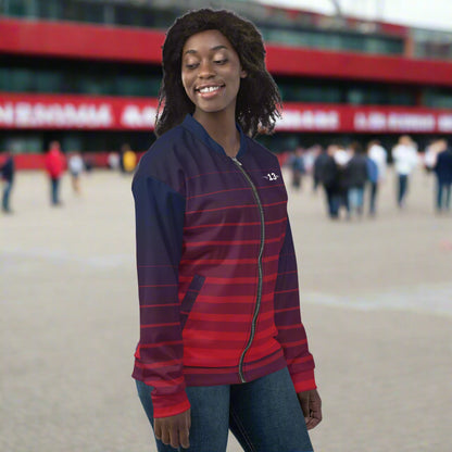 Woman wearing Crimson Eclipse Bomber Jacket outside