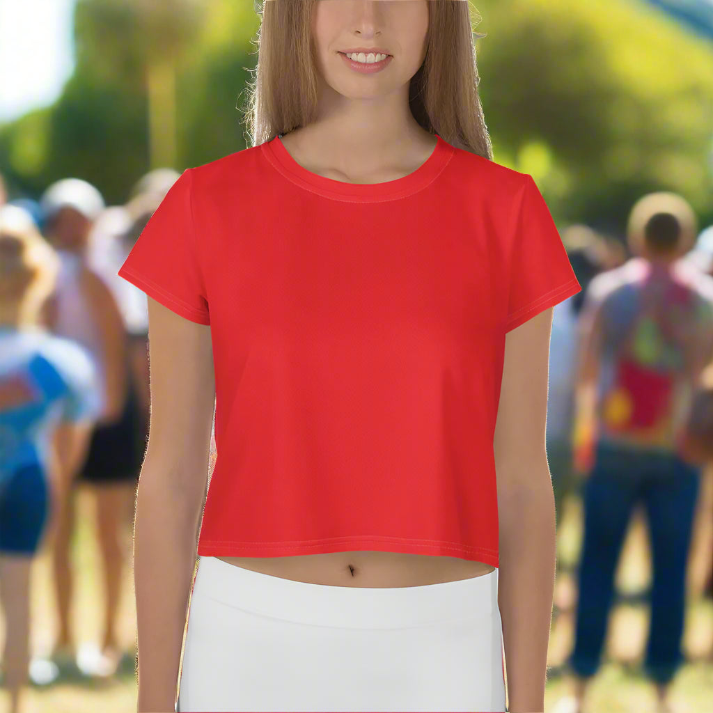 Woman wearing Fierce Scarlet Crop Tee at a festival front view