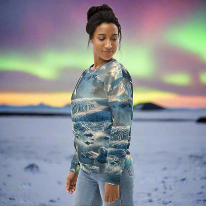 A woman wearing the Glacier Majesty Sweatshirt in a scenic Nordic background with the aurora borealis.