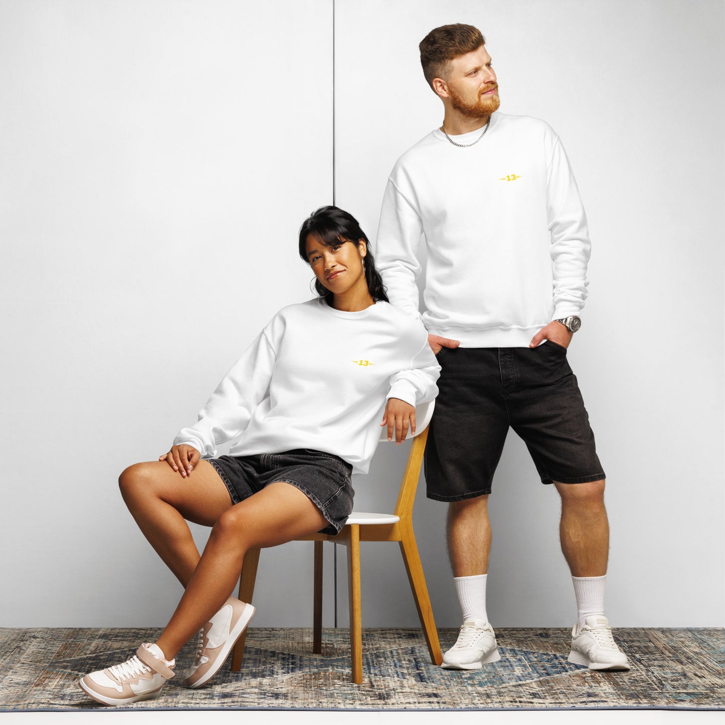 Models wearing white Icon 13 Crew Sweatshirt on models