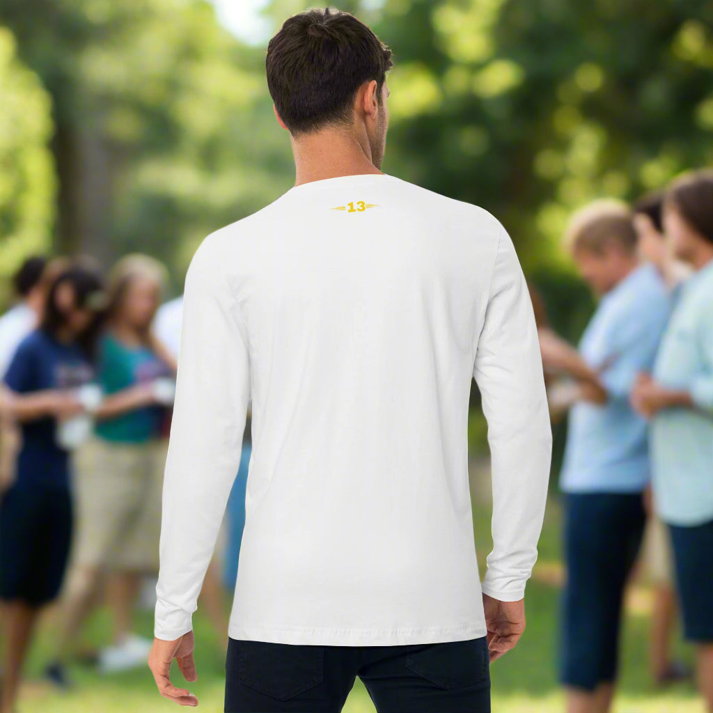 Man wearing white Long Sleeve Apex Crew back view