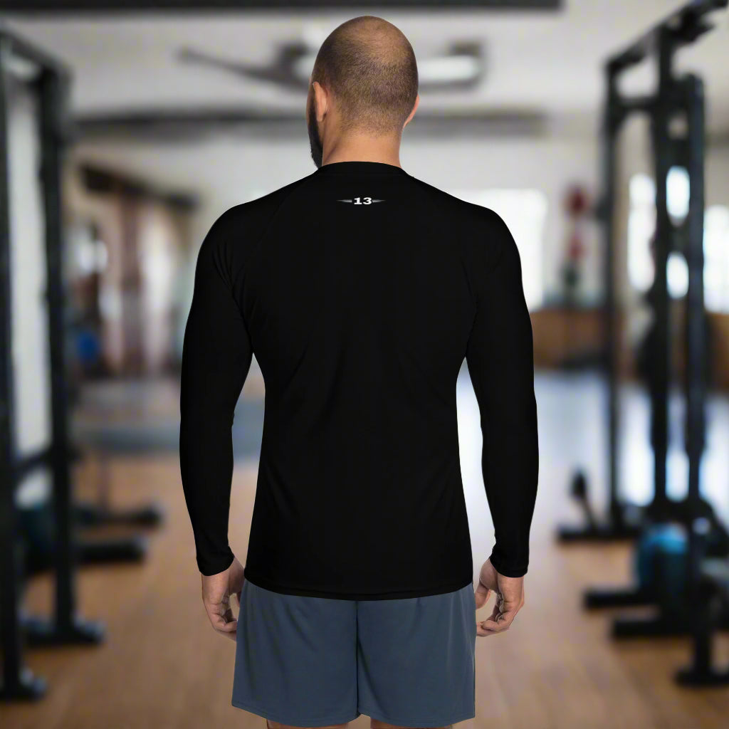 Man wearing Men's Black Performance Rash Guard back view