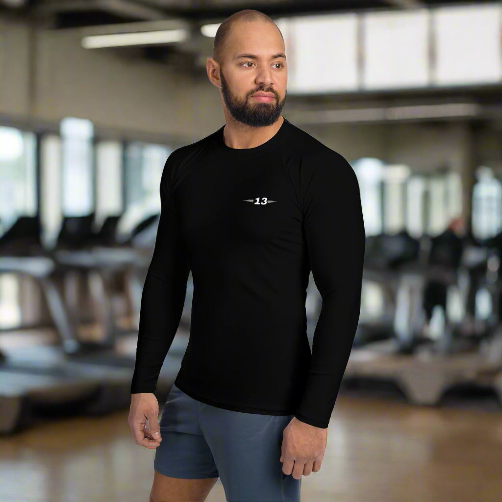 model wearing Men's Black Performance Rash Guard