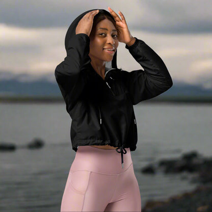 front side view of a woman wearing Nightshade Black Cropped Windbreaker