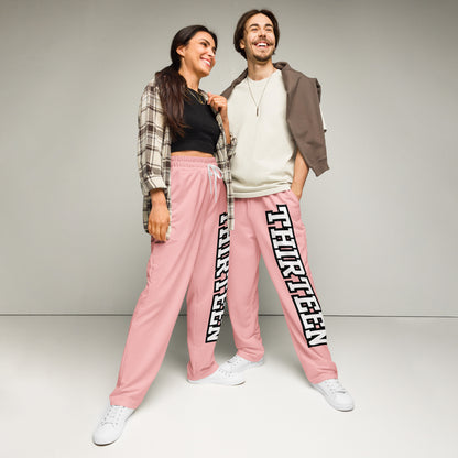 couple wearing Pink Unisex Wide-Leg Joggers front