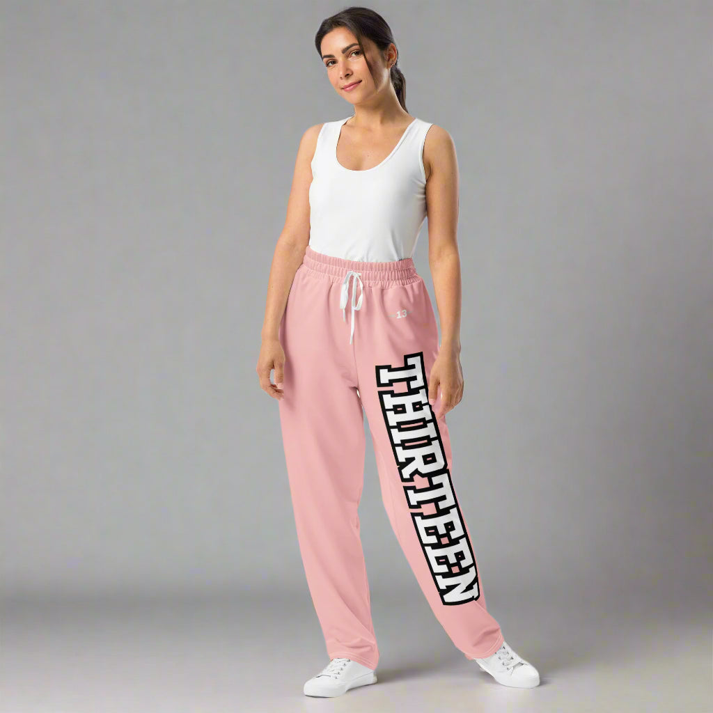 Woman wearing Pink Unisex Wide-Leg Joggers front view