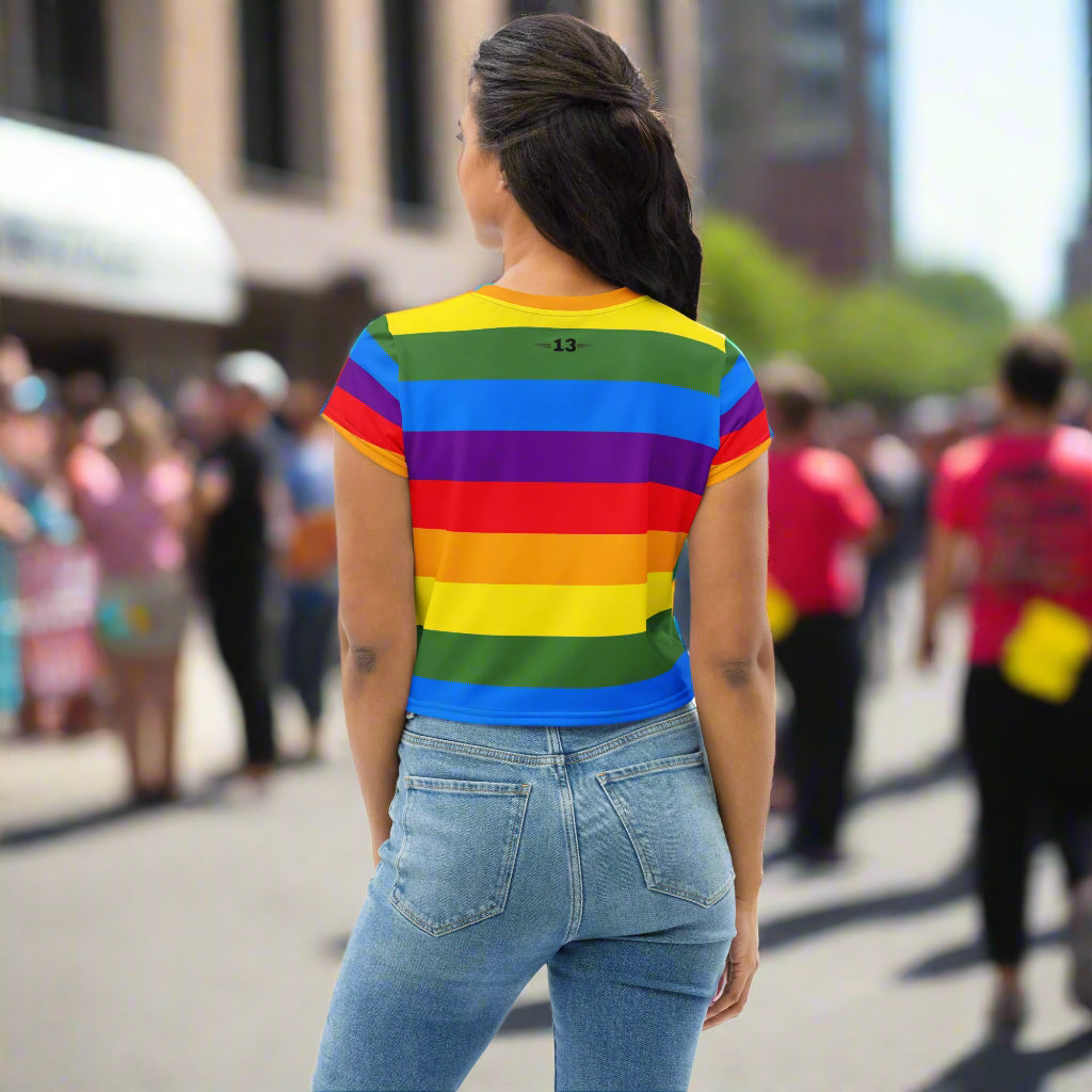 Woman wearing Radiance Crop Tee back view at a gathering