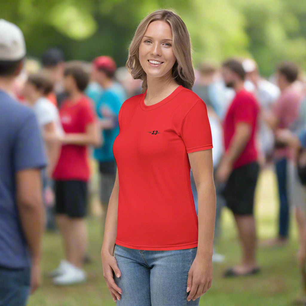 Woman wearing Red Radiance Tee Left view