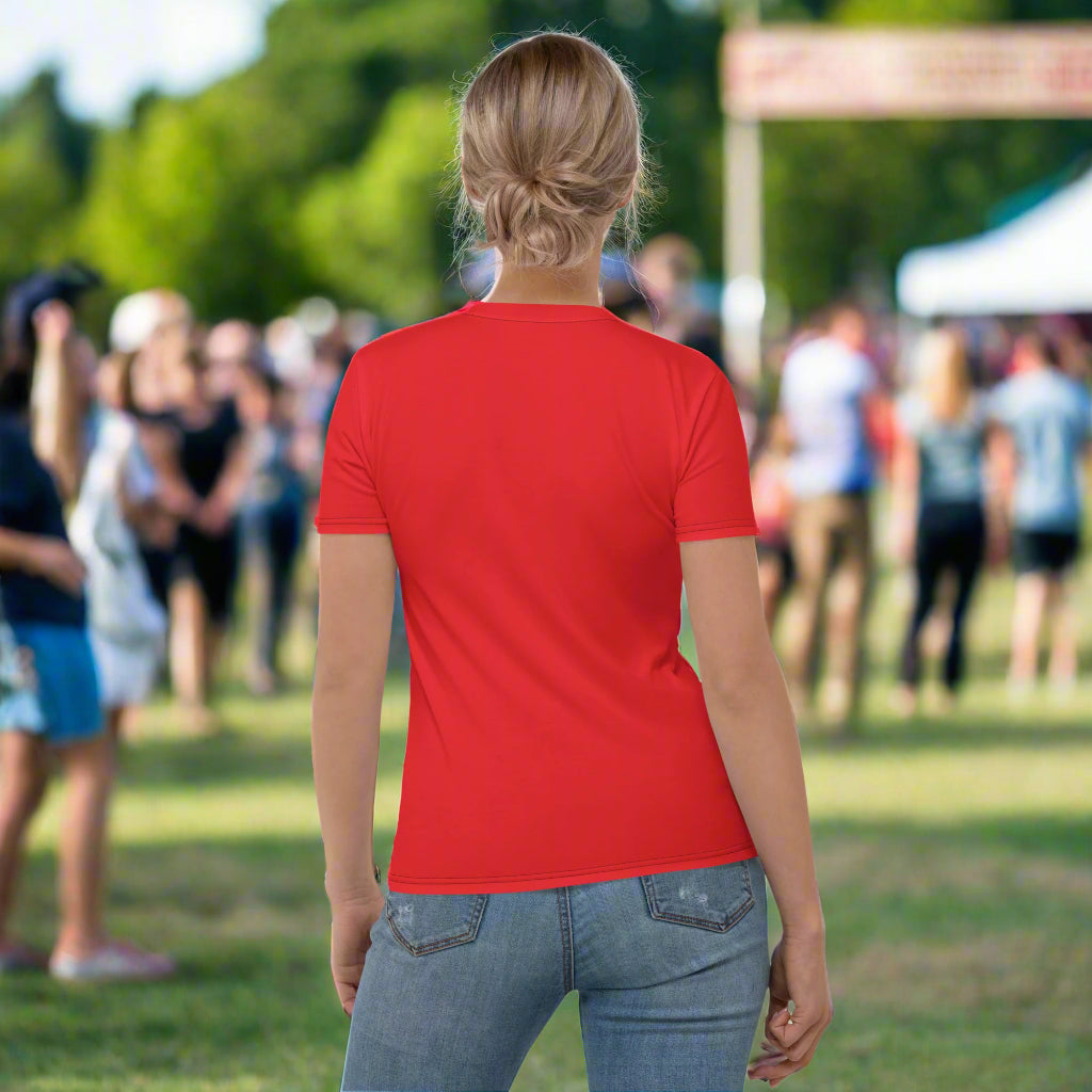 woman wearing Red Radiance Tee back view