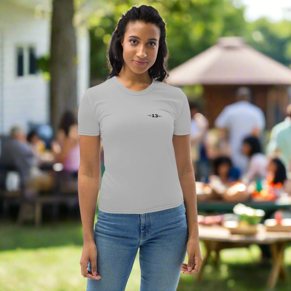 Woman wearing Silver Breeze Tee front view