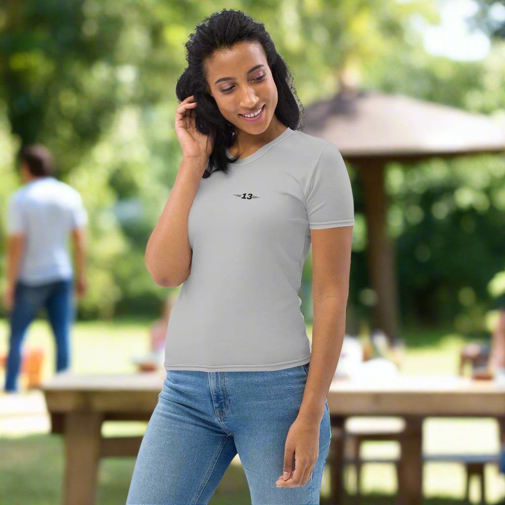 woman wearing Silver Breeze Tee left view