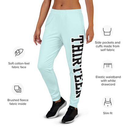 Woman wearing Skyline Comfort Joggers with info about the product