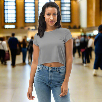 Woman wearing Slate Grace Crop Tee front view