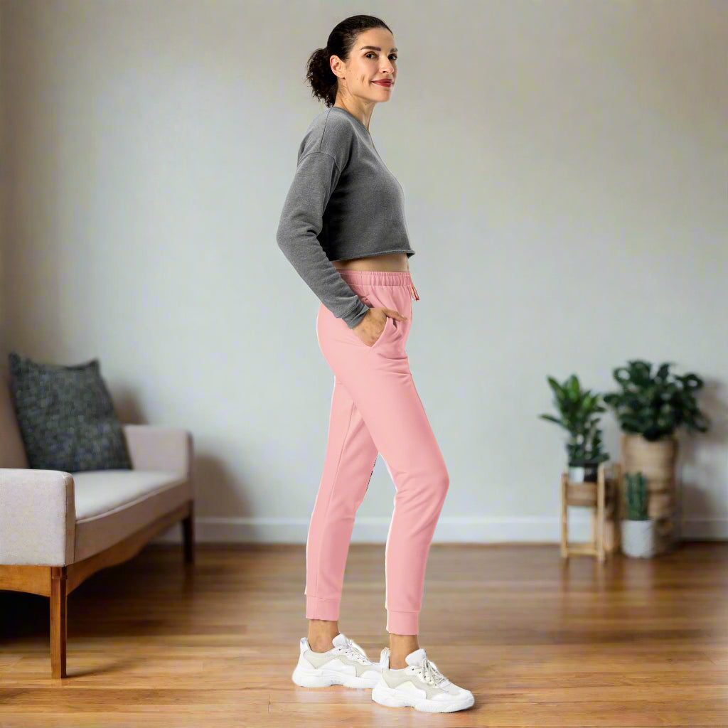 Woman wearing Thirteen Luxe Pink Women’s Joggers side view