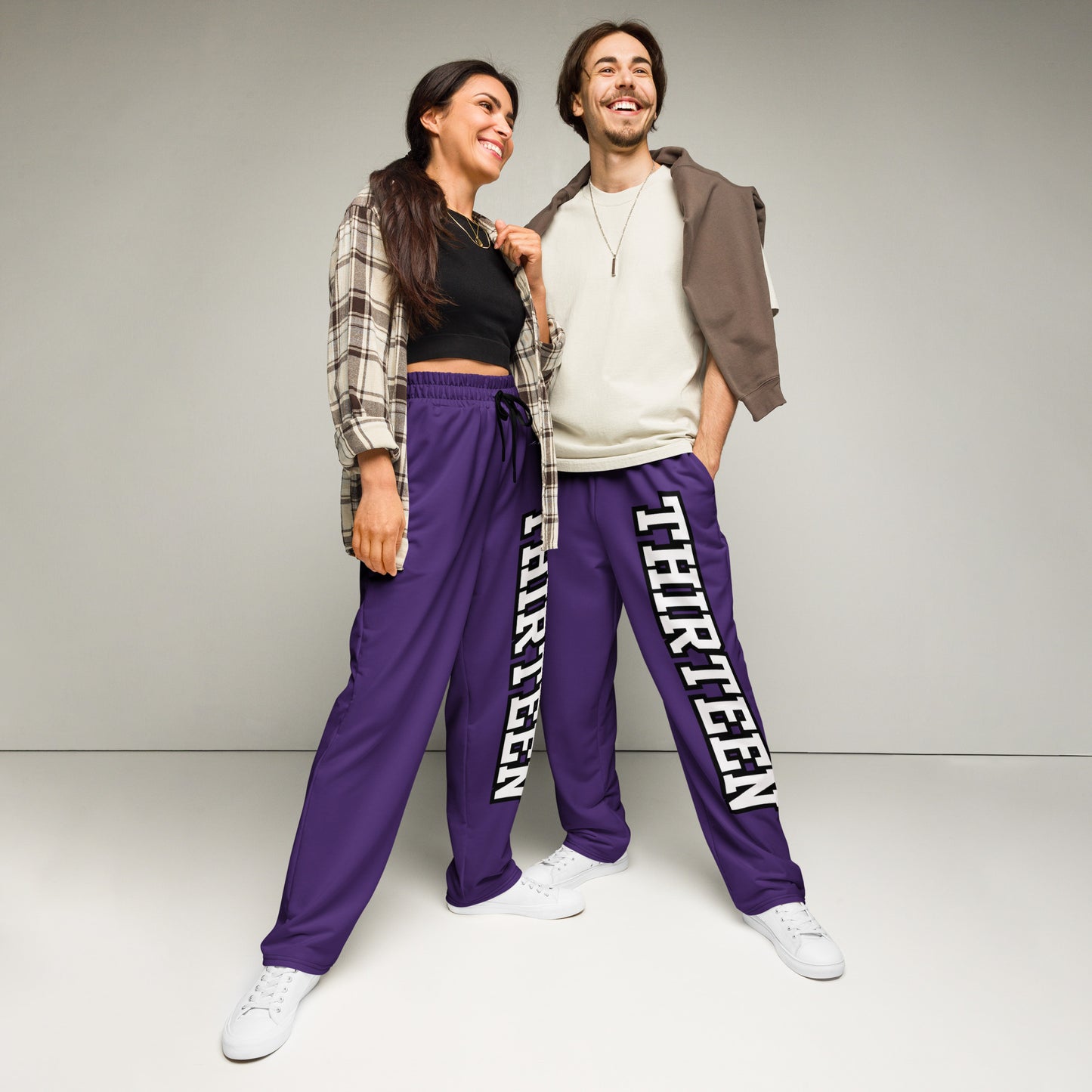 Couple wearing Thirteen Unisex Purple Wide-Leg Joggers