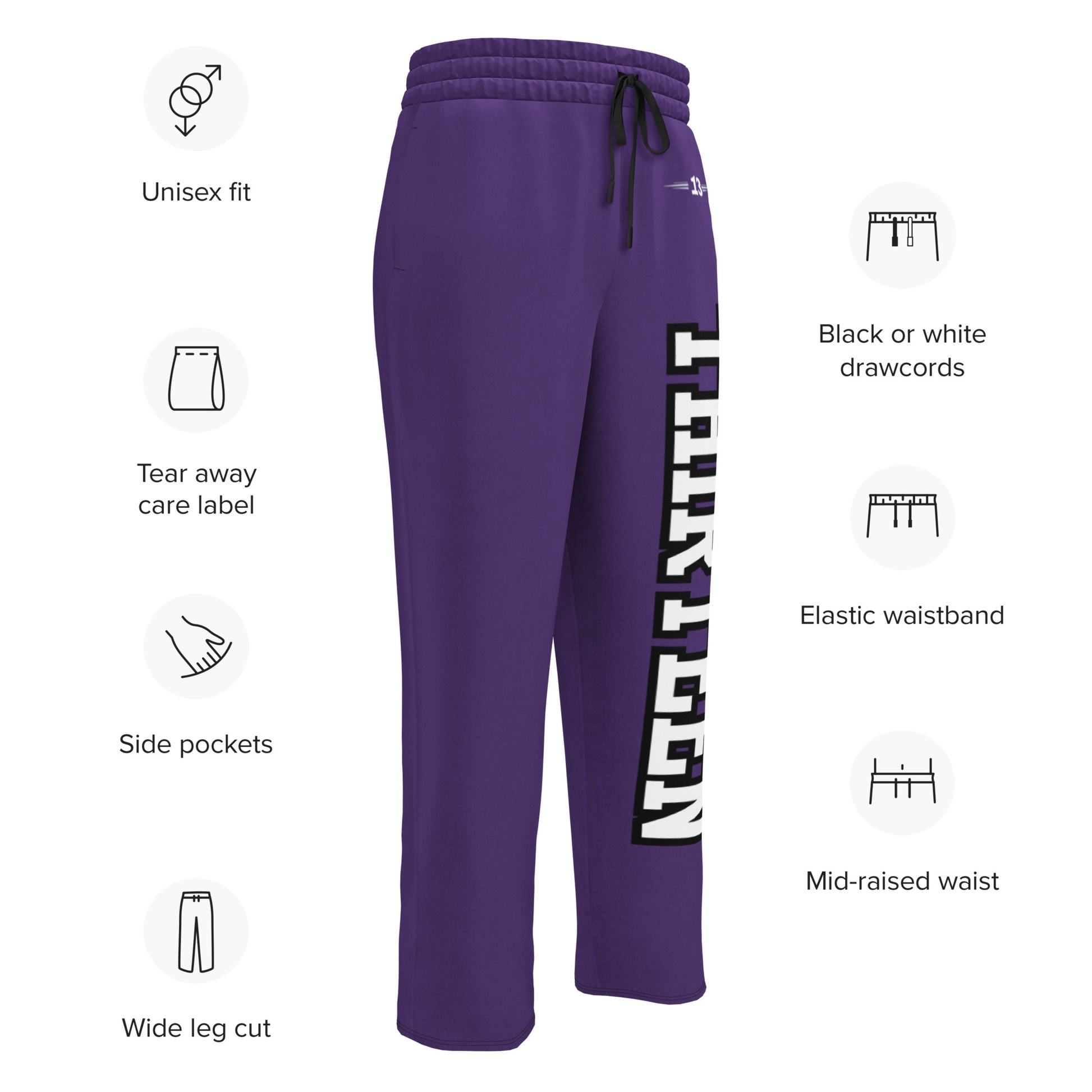 Info view of Thirteen Unisex Purple Wide-Leg Joggers