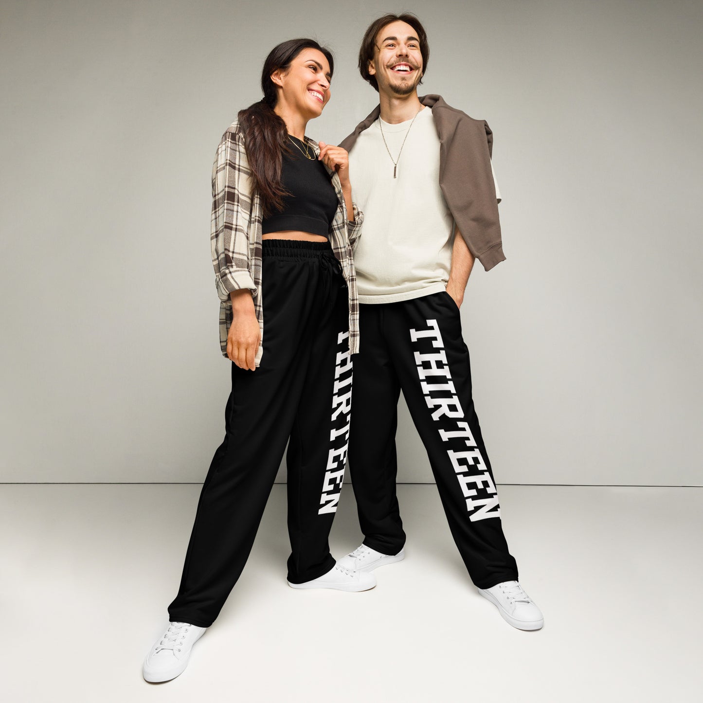 Couple wearing Thirteen Unisex Wide-Leg Joggers front view