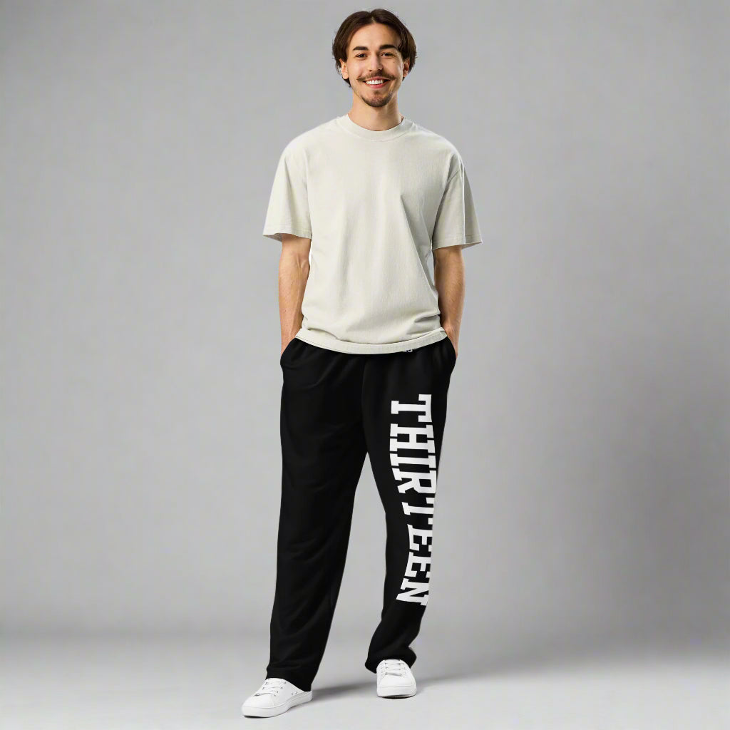 Man wearing Thirteen Unisex Wide-Leg Joggers front view