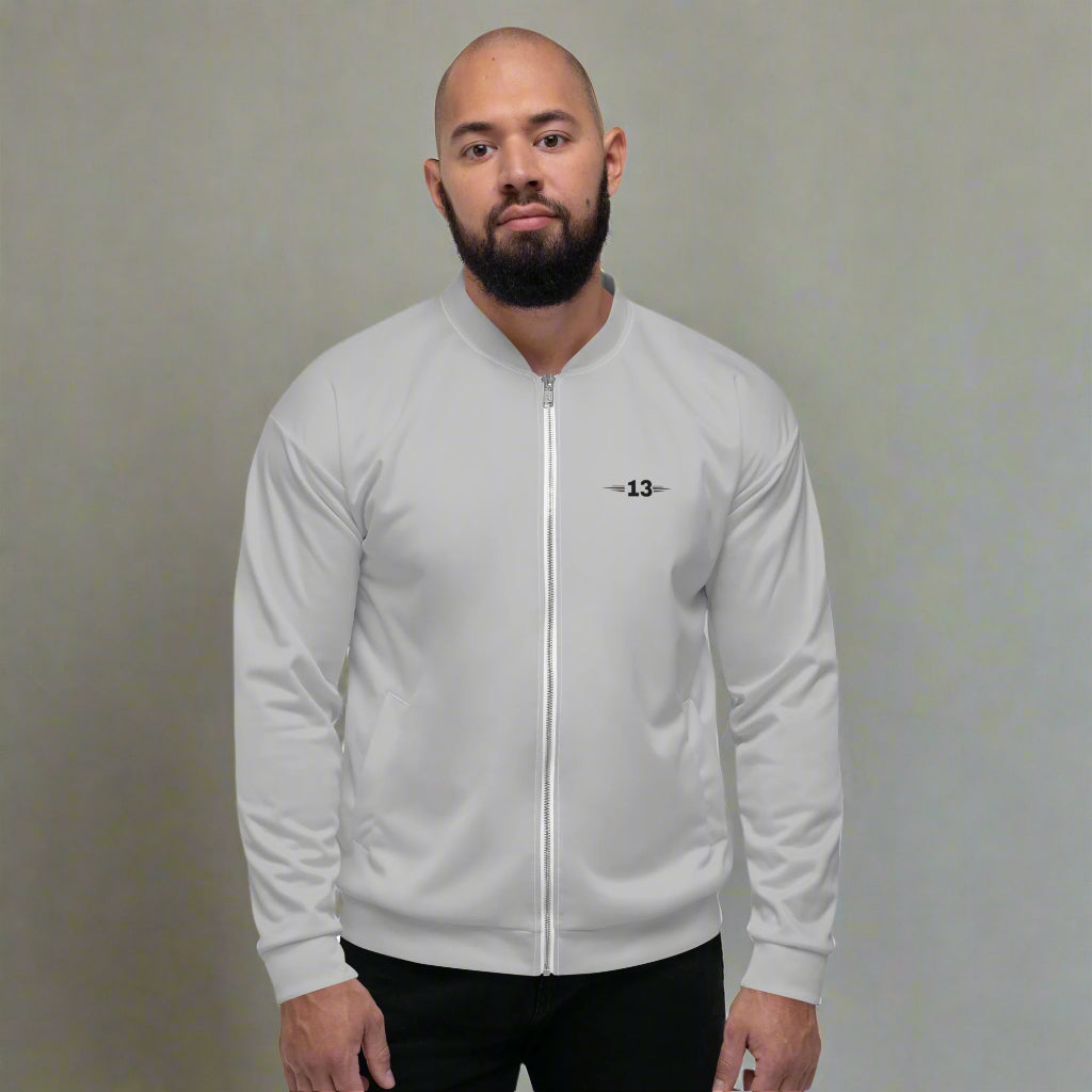 man wearing Timeless Crest Bomber front view