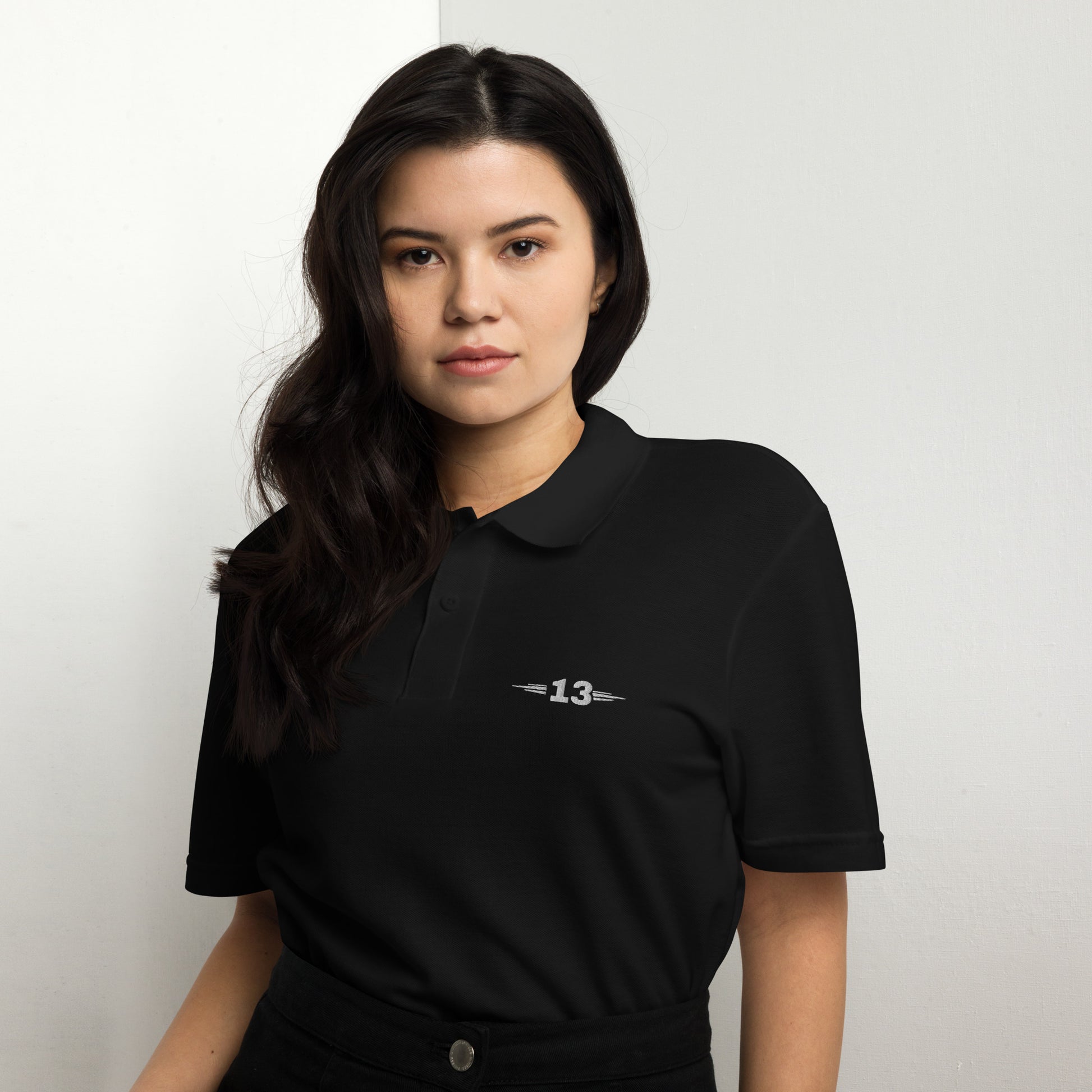 Timeless Unisex Pique Polo woman black front view