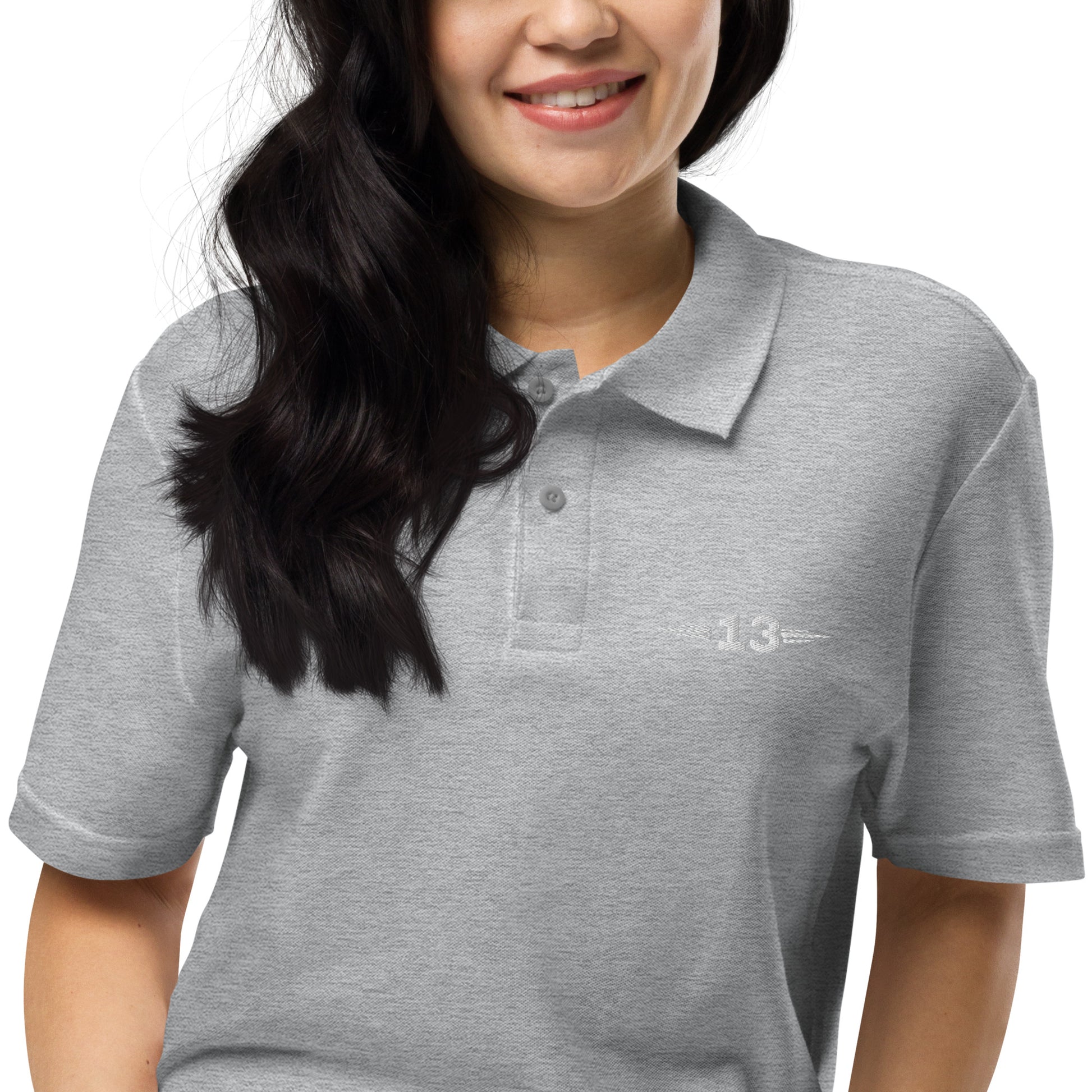 Timeless Unisex Pique Polo grey front view of a woman