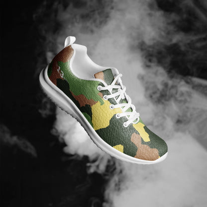 Urban Stealth Camo Athletic Shoes in the air in smoke