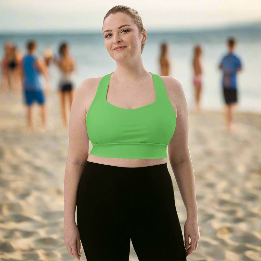 woman wearing Vibrance Longline Sports Bra at the beach