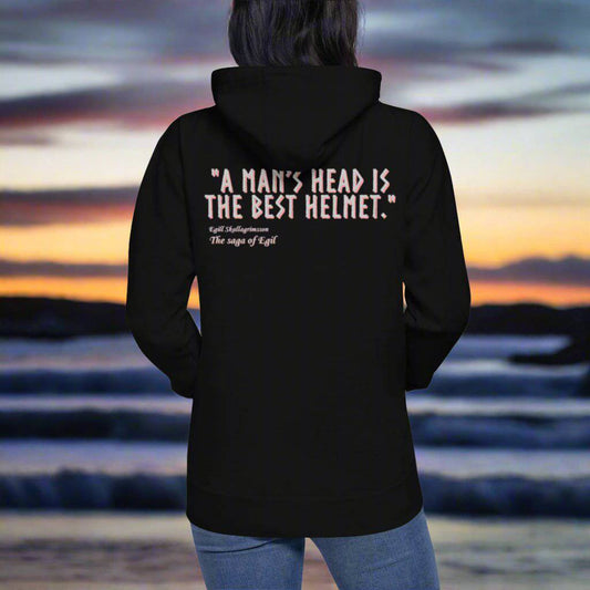 Black Viking Wisdom Hoodie featuring Viking quote and sleek, modern design.