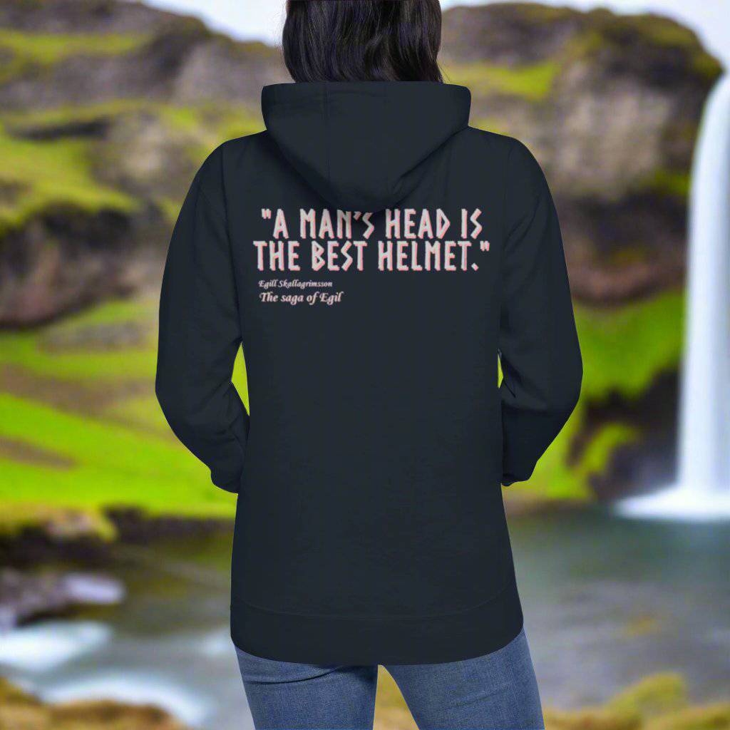 Navy Viking Wisdom Hoodie with Egil’s Saga quote emphasizing Nordic heritage.
