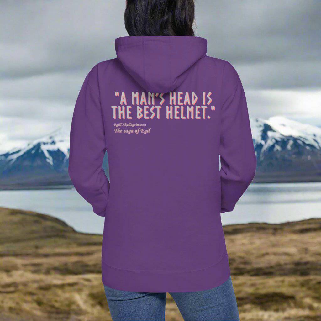 Purple hoodie showcasing Egil’s Saga quote and minimalist Viking design.