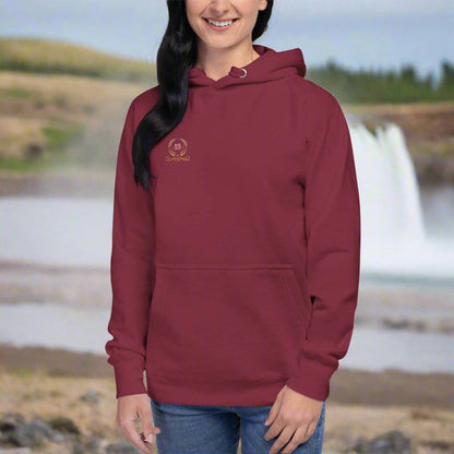 Maroon hoodie with 13 logo on the chest and cozy design.
