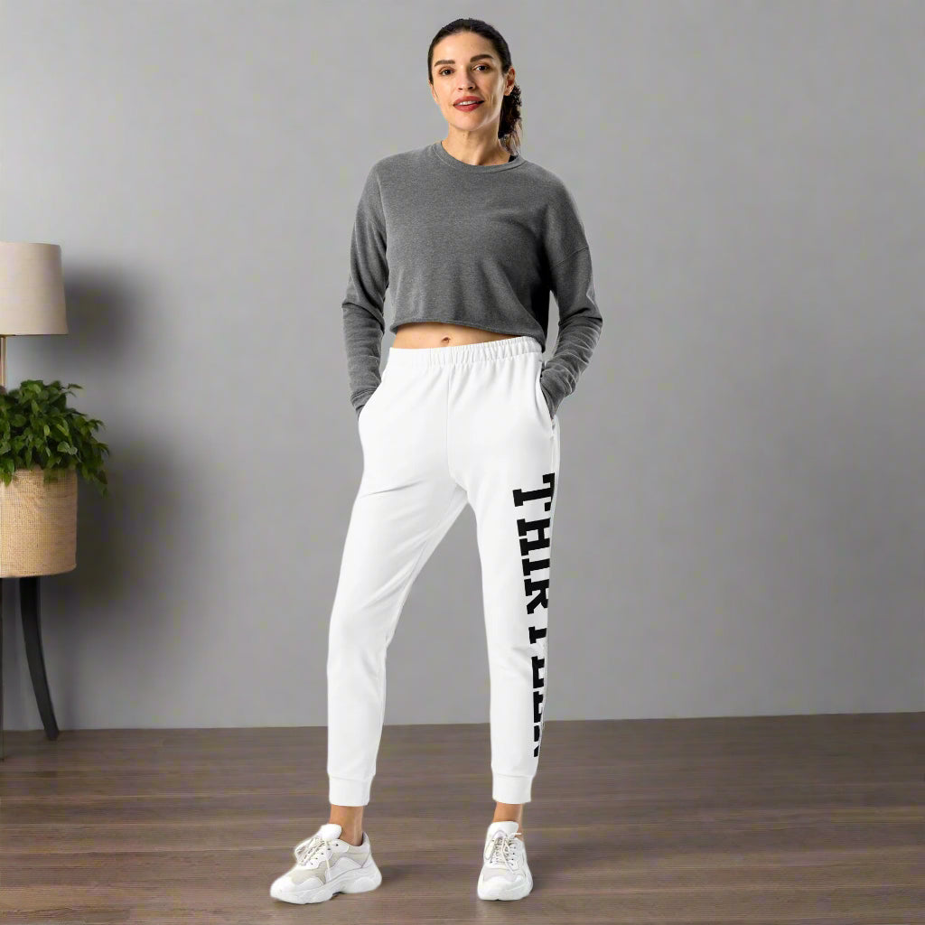 Woman wearing White BoldStride Women's Joggers full front view