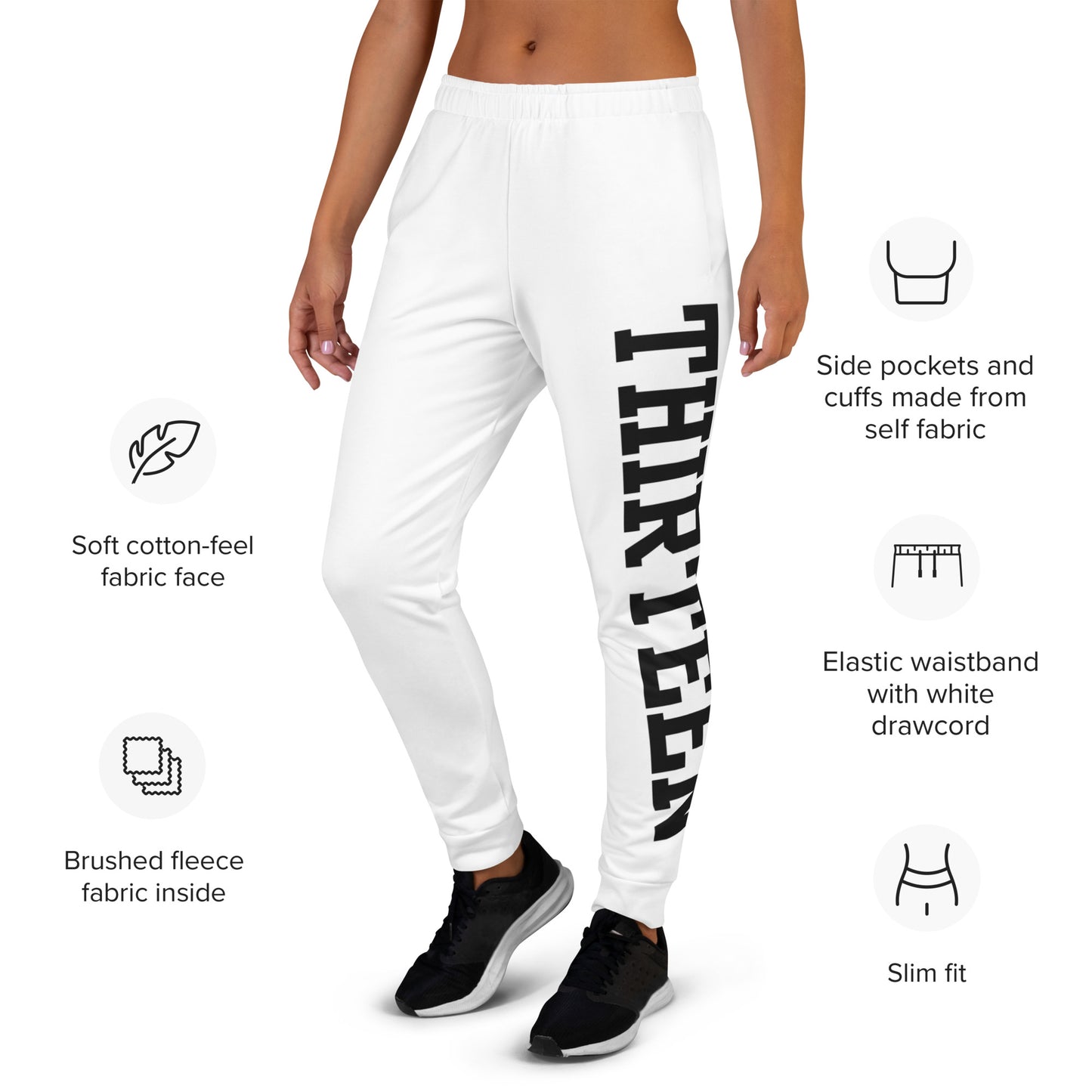 Woman wearing White BoldStride Women's Joggers info view