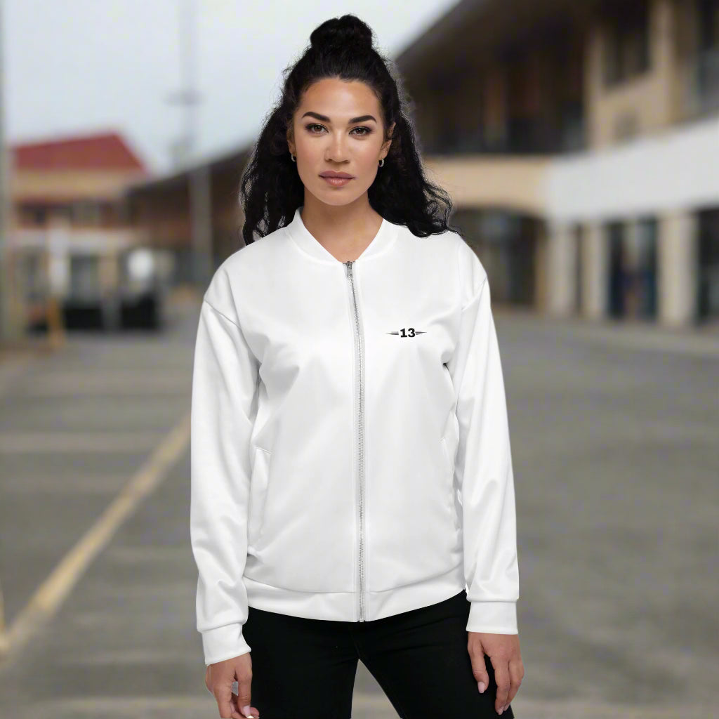 woman wearing White Unisex Bomber Jacket front view