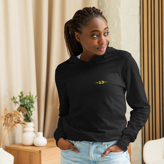 woman wearing Women’s Hooded Long-Sleeve Tee