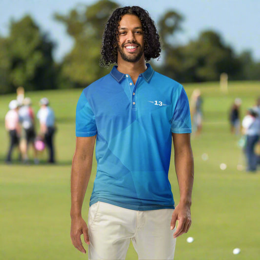 Man wearing Azure Horizon Polo front view