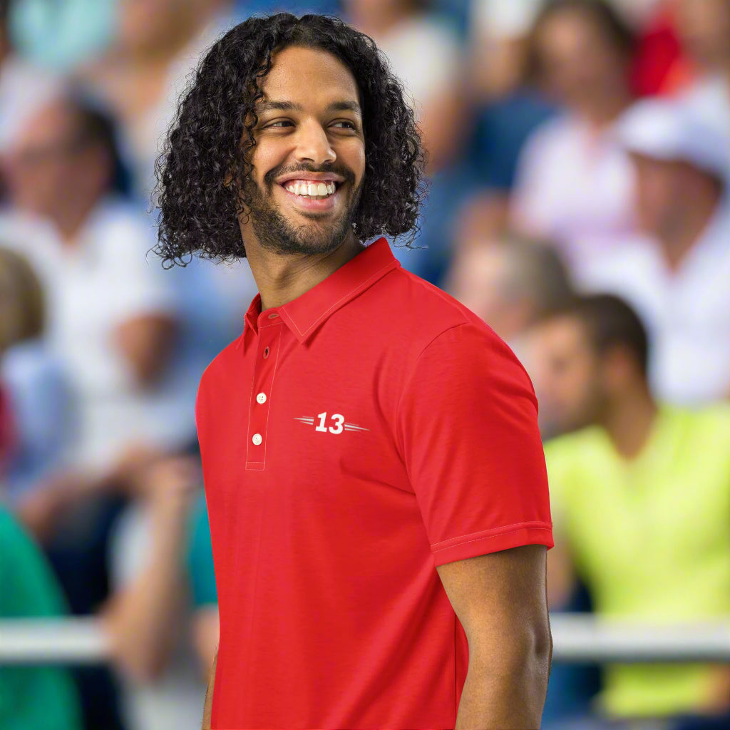 Man wearing Bold Red Legacy Polo left side view