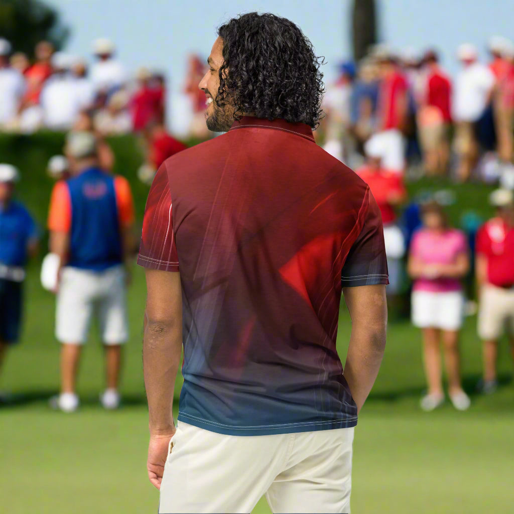 Man wearing Crimson Twilight Polo back view