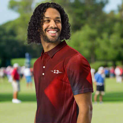 Man wearing Crimson Twilight Polo left side view