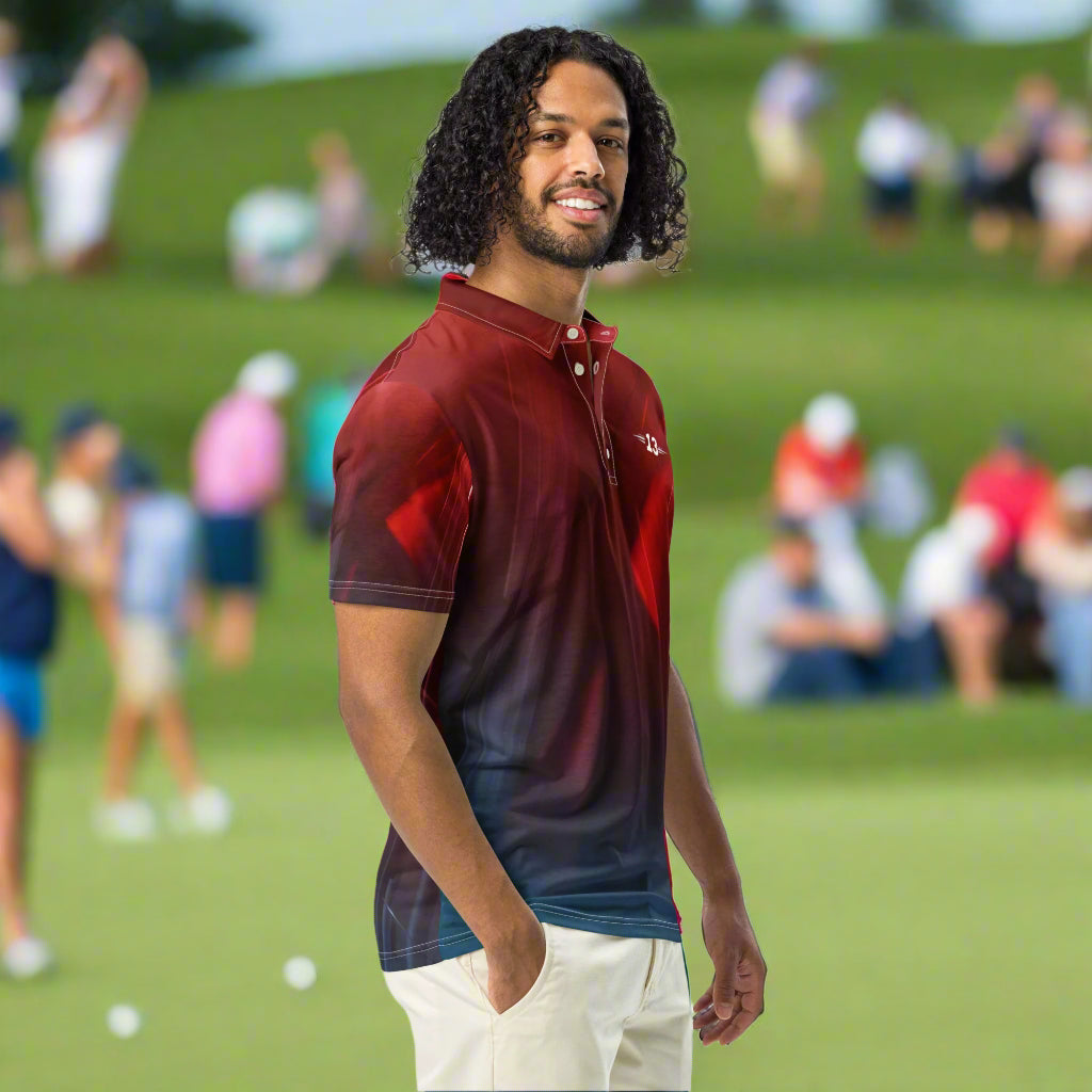 Man wearing Crimson Twilight Polo right side view