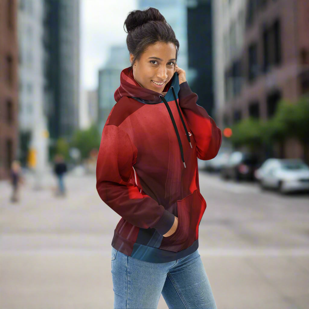 woman wearing ember-flow-hoodie right side view