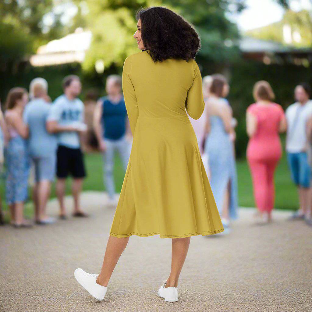 Golden Glow Midi Dress with elegant flared skirt and timeless silhouette, back view.