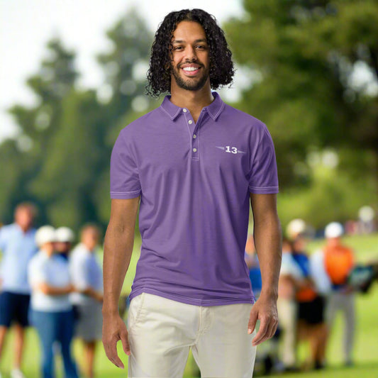 Man wearing Lavender Luxe Polo front vies