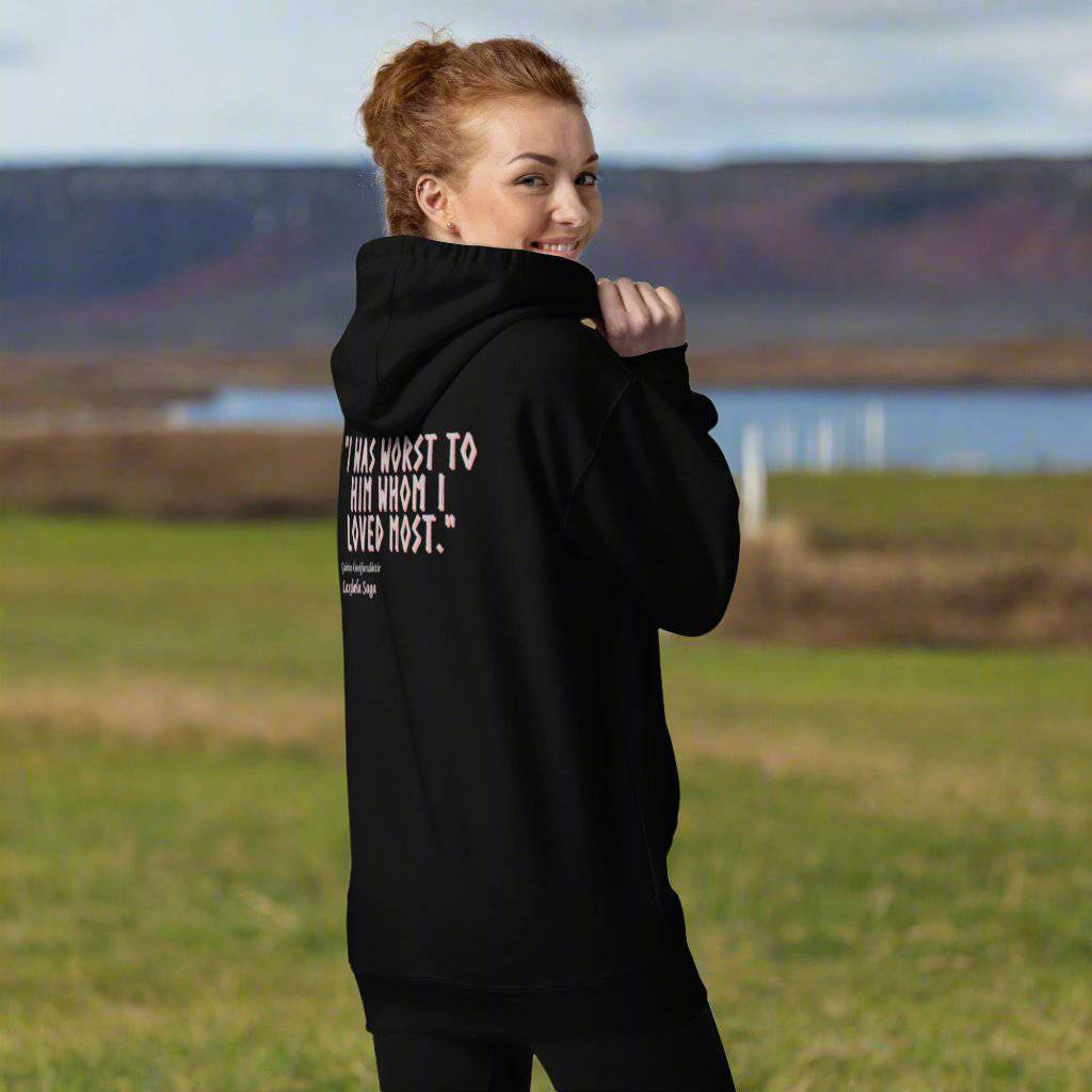 Black Reflection Hoodie featuring Guðrún Ósvífursdóttir’s reflective quote on the back.