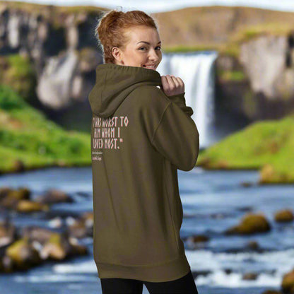 Military green Reflection Hoodie showcasing Guðrún Ósvífursdóttir’s words in subtle text.