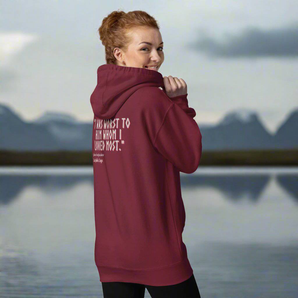 Maroon Reflection Hoodie, minimalist design inspired by Icelandic sagas.